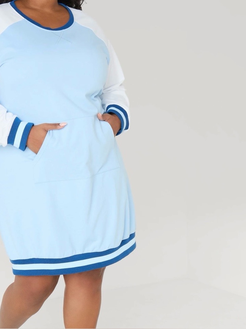 Ashley Stewart Light Blue and White Raglan Sweatshirt Dress with Navy Trim